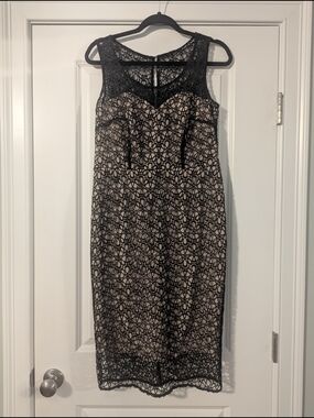 Ann Taylor Black Lace Midi Dress with Nude Lining
